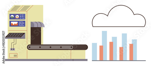 Conveyor system with control panel and graph under a cloud. Ideal for tech, logistics, automation, cloud computing, data analysis, manufacturing, business innovation. Simple flat metaphor