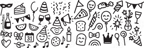 Cute line kids happy birthday doodle background. Outline hand drawn sketch icons and elements set. Party hat, balloons, celebration cake with candles, surprise gift box element set
