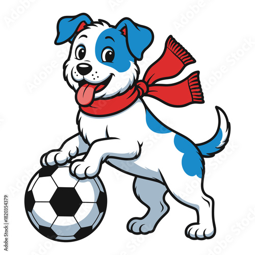Happy cartoon dog with soccer ball and red scarf