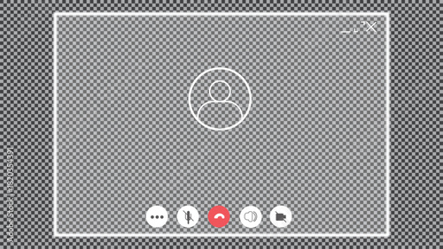 White light Glassmorphism board Video call screen with liquid glass frame. Messenger app call interface with mockup for web and tablet or pad. Sound, mic, video and avatar.