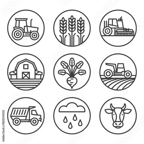 Collection of agricultural icons representing farming and livestock