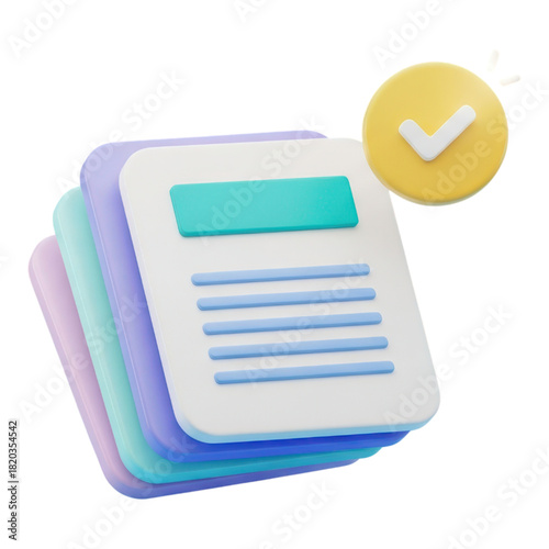 3d icon of stacked document with checkmark for task completion isolated on transparent background