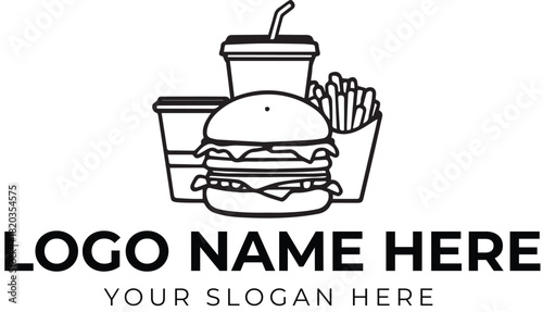 Fast food logo vector with burger, fries, drink, and takeout box in black and white for restaurant branding