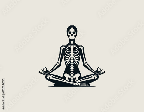 Detailed black and white illustration of a human skeleton sitting calmly in the classic Padmasana lotus yoga meditation pose with hands forming a Gyan Mudra.