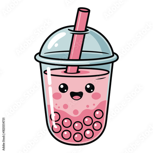 A cute cartoon pink boba tea with a happy face and tapioca pearls, served in a plastic cup with a straw