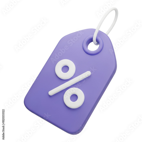3d purple discount tag icon with percentage symbol isolated on transparent background