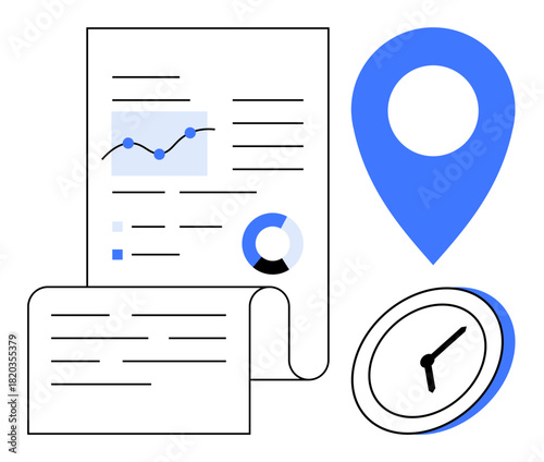 Report with graph and chart, rolled document, clock, and location pin representing analysis, time management, and geolocation insights. Ideal for business, data, scheduling research planning