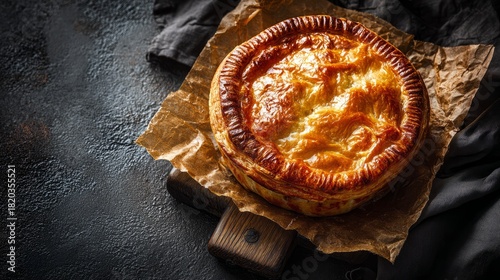 Delicious puff pastry steak pie on baking paper with golden flaky crust served on black stone background, perfect for gourmet food photography, restaurant menus, and culinary presentations