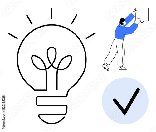 Problem solving concept. A light bulb s ideas, while a checkmark ensures accuracy in solutions. Problem solving involves creativity and effective execution. Great for brainstorming, business