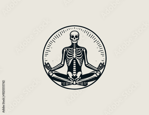 Detailed black and white illustration of a human skeleton sitting calmly in the classic Padmasana lotus yoga meditation pose with hands forming a Gyan Mudra.