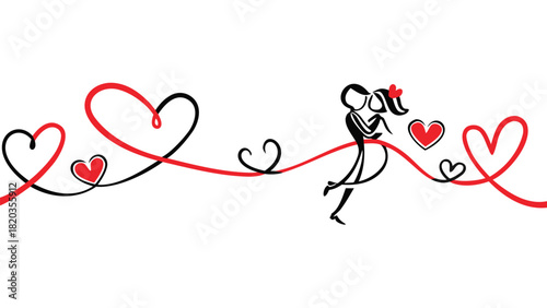 Romantic couple embracing amidst a swirl of red and black hearts and elegant lines