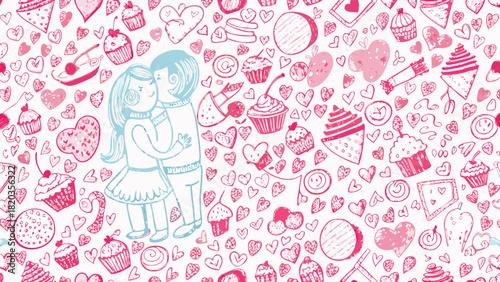 Charming couple embracing amidst a whimsical pattern of hearts and sweet treats