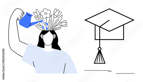Person pouring water over blooming flowers symbolizes learning and personal growth. Graduation cap signifies academic achievement. Ideal for education, personal growth, inspiration, success