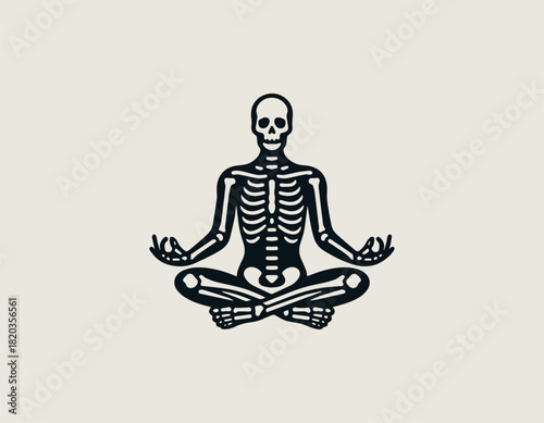 Detailed black and white illustration of a human skeleton sitting calmly in the classic Padmasana lotus yoga meditation pose with hands forming a Gyan Mudra.