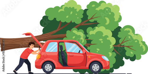 Man trying to close car trunk with a large tree branch sticking out of it high-quality clean EPS vector artwork