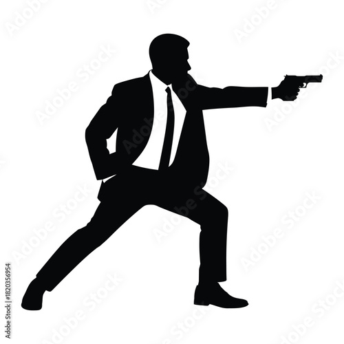 Silhouette of a man in a suit aiming a pistol, depicting a secret agent, detective, or security professional in a dynamic action pose