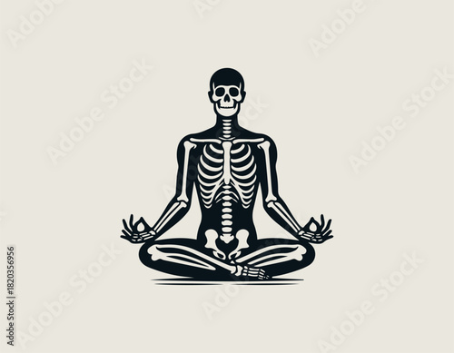 Detailed black and white illustration of a human skeleton sitting calmly in the classic Padmasana lotus yoga meditation pose with hands forming a Gyan Mudra.