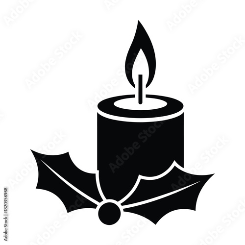 Black silhouette of a burning candle with holly leaves and a berry at its base, symbolizing christmas and winter holidays
