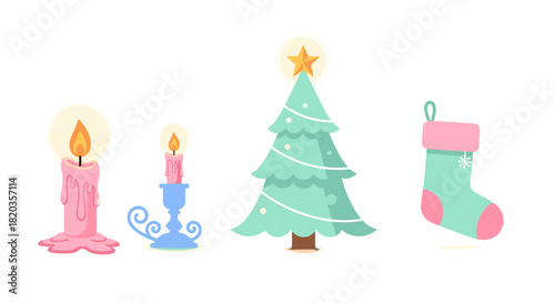 Festive Christmas Decorations Candles Tree and Stocking.