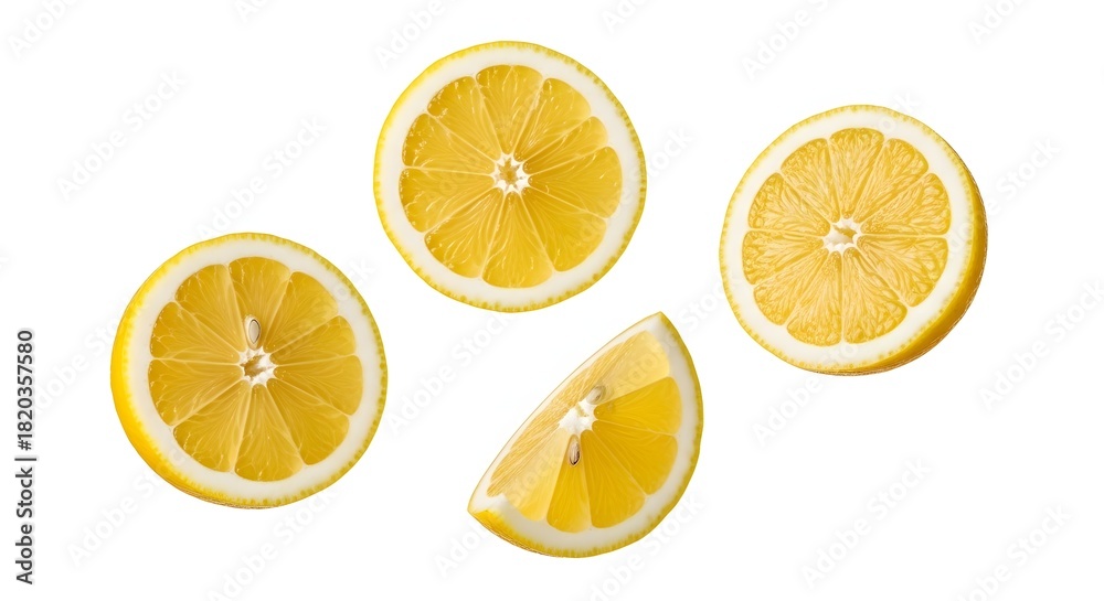 Fototapeta premium Fresh Lemon Slices on a White Backdrop: Bright, Juicy, and Perfect for Summer Drinks and Healthy Recipes.