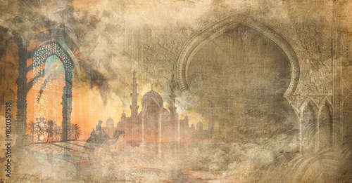 Desert Journey Ancient Arches and Distant Mosques . canvas texture background with islamic . Old brown ramadan and free space for text arabic . Islamic Background  Arabic Muslim Holy Month Ramadan 