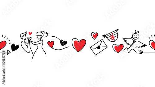Charming valentine s day doodle border featuring couples hearts cupid and love letters