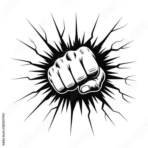 A powerful fist punching through a surface, creating a dynamic burst of cracks, symbolizing strength, impact, and breakthrough, white