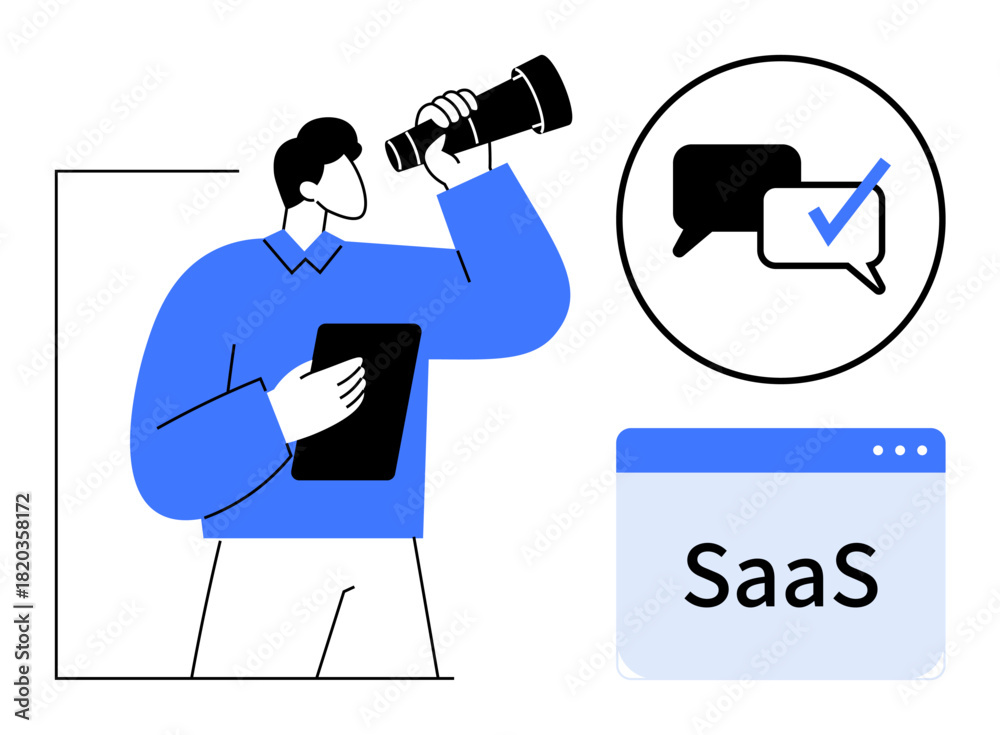 Fototapeta premium Man with a megaphone holding a tablet, speech bubbles with checkmark, SaaS label. Ideal for marketing, collaboration, software, communication, teamwork technology innovation. A simple flat metaphor