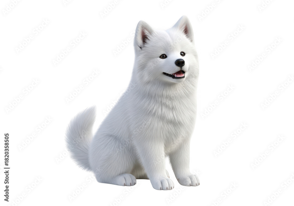 Obraz premium Fluffy white samoyed dog sitting looking alert isolated on a transparent background isolated on transparent background