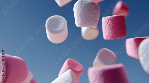 Pink marshmallow floating in soft sunlight blue sky airy motion playful texture candy confection sweet treat soft