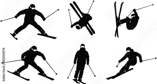 Silhouette skiers performing dynamic jumps and downhill moves, perfect for winter sports graphics, extreme skiing illustrations, athletic action scenes, and outdoor designs