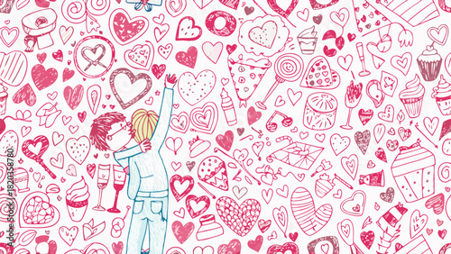 Whimsical doodle of hearts and sweet treats celebrating love and affection with a joyful couple embracing