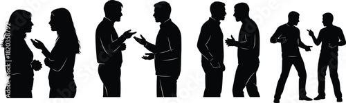 Silhouette people talking in pairs and groups, communication concept illustration, discussion, conversation, argument, meeting interaction, expressive body language