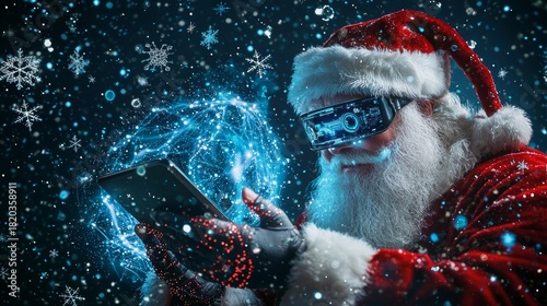 Santa uses virtual reality to check his list during the holiday season in a high-tech winter wonderland