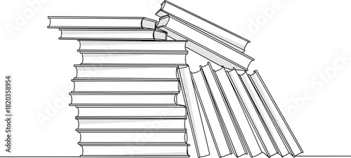 Stacked and falling books illustration in continuous line art style, educational concept, knowledge, library, literature design for learning and academic themes