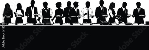 Silhouettes of business people lined up at buffet table serving food, ideal for event graphics, catering concepts, restaurant themes, and hospitality designs