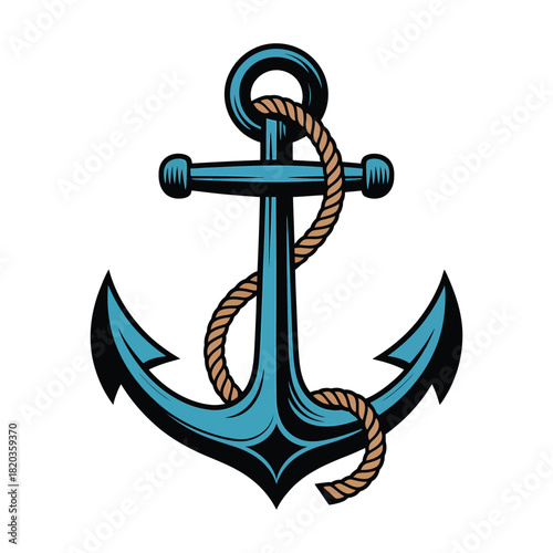 A vintage style blue anchor with a brown rope wrapped around it, symbolizing stability and maritime adventure