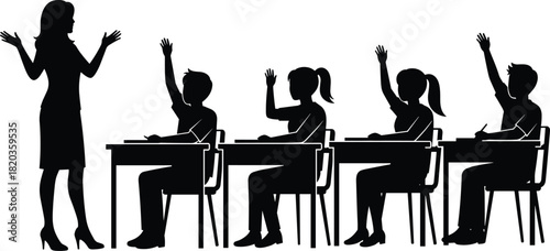 Teacher instructing students in classroom silhouette illustration, children raising hands at desks, education concept, learning environment, school activity scene