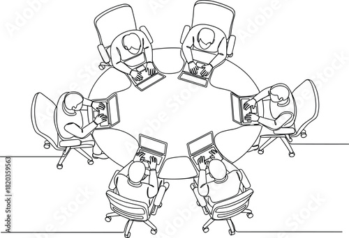Teamwork roundtable illustration, top view office meeting, business people working on laptops, corporate collaboration, modern workplace, productivity concept