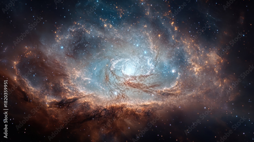 Obraz premium A breathtaking spiral galaxy, showcasing vibrant hues of blue, peach, and brown, dominates the vast expanse of space, a mesmerizing display of cosmic artistry.