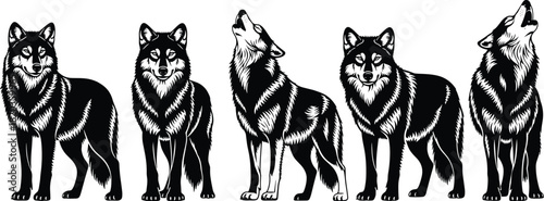 Black and White Monochrome Vector Illustration of Five Standing Howling Wolves and Staring Canines, Ideal for Nature, Wildlife, Tattoo, and Aggressive Mascot Design.