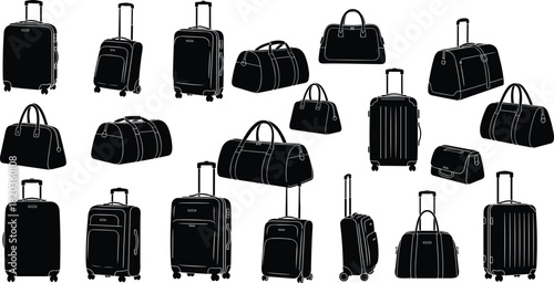 Black silhouettes of various luggage bags, suitcases, travel bags, and trolleys in multiple styles isolated collection for travel and tourism