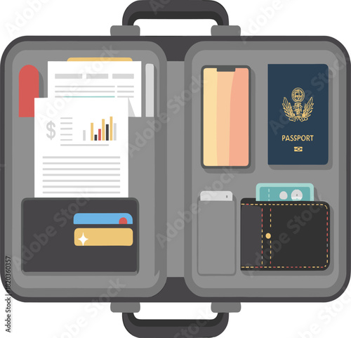 Open Briefcase with Business Documents, Passport, Wallet, and Smartphone Vector Illustration