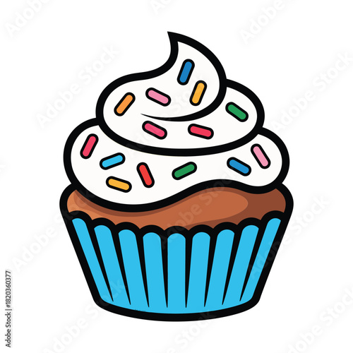 A delightful cartoon cupcake with fluffy white frosting and vibrant colorful sprinkles, nestled in a bright blue wrapper
