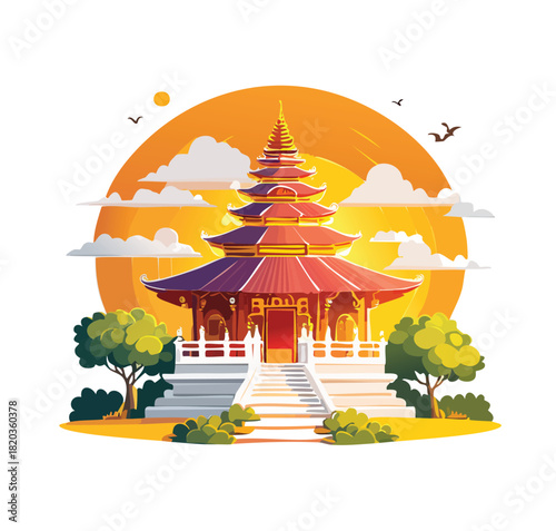 Serene Asian temple at sunset offers peaceful escape and cultural richness for travel promotions, spiritual content, and mindful design projects