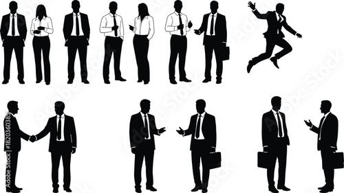 Business people silhouettes in various professional poses, teamwork, communication, corporate discussion, leadership, collaboration, office workers, successful business concept illustration