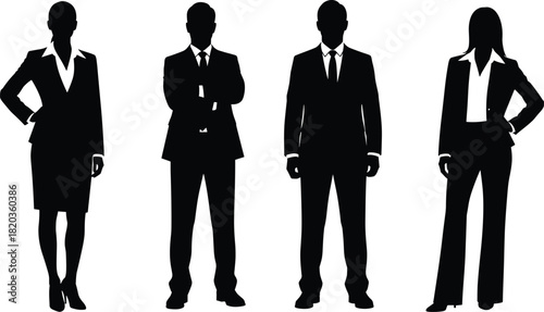 Business professionals standing confidently in formal suits, corporate silhouettes of men and women, teamwork, leadership, office workforce group illustration, vector design