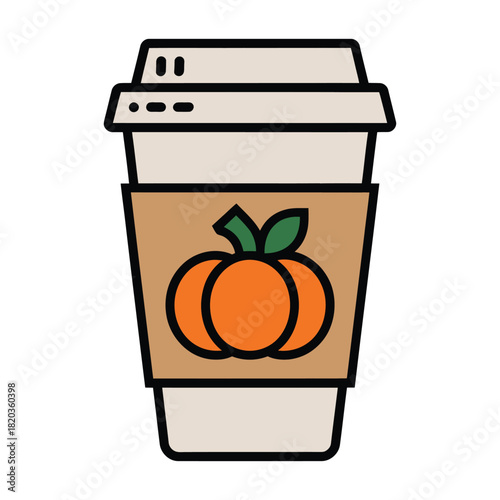 Illustration of a coffee cup with a pumpkin graphic on its brown sleeve, symbolizing autumn flavors and warm beverages