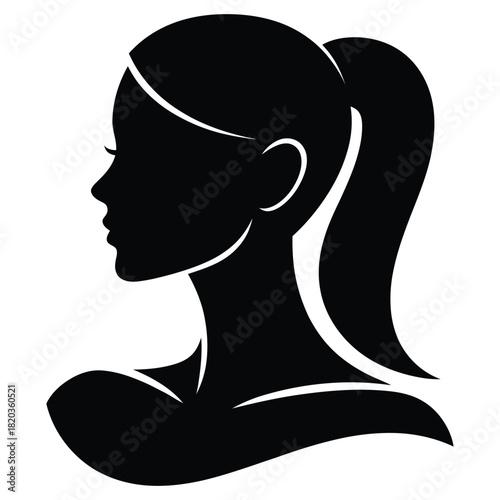 Black silhouette of a womans head and upper body in profile, with a ponytail, symbolizing beauty and elegance