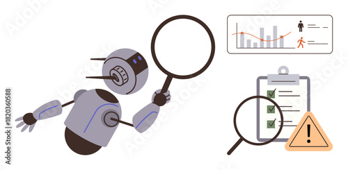 Robot holding magnifying glass analyzing checklist, data charts, and alert icon. Ideal for technology, AI, automation, research, analysis digital safety and innovation. Simple flat metaphor